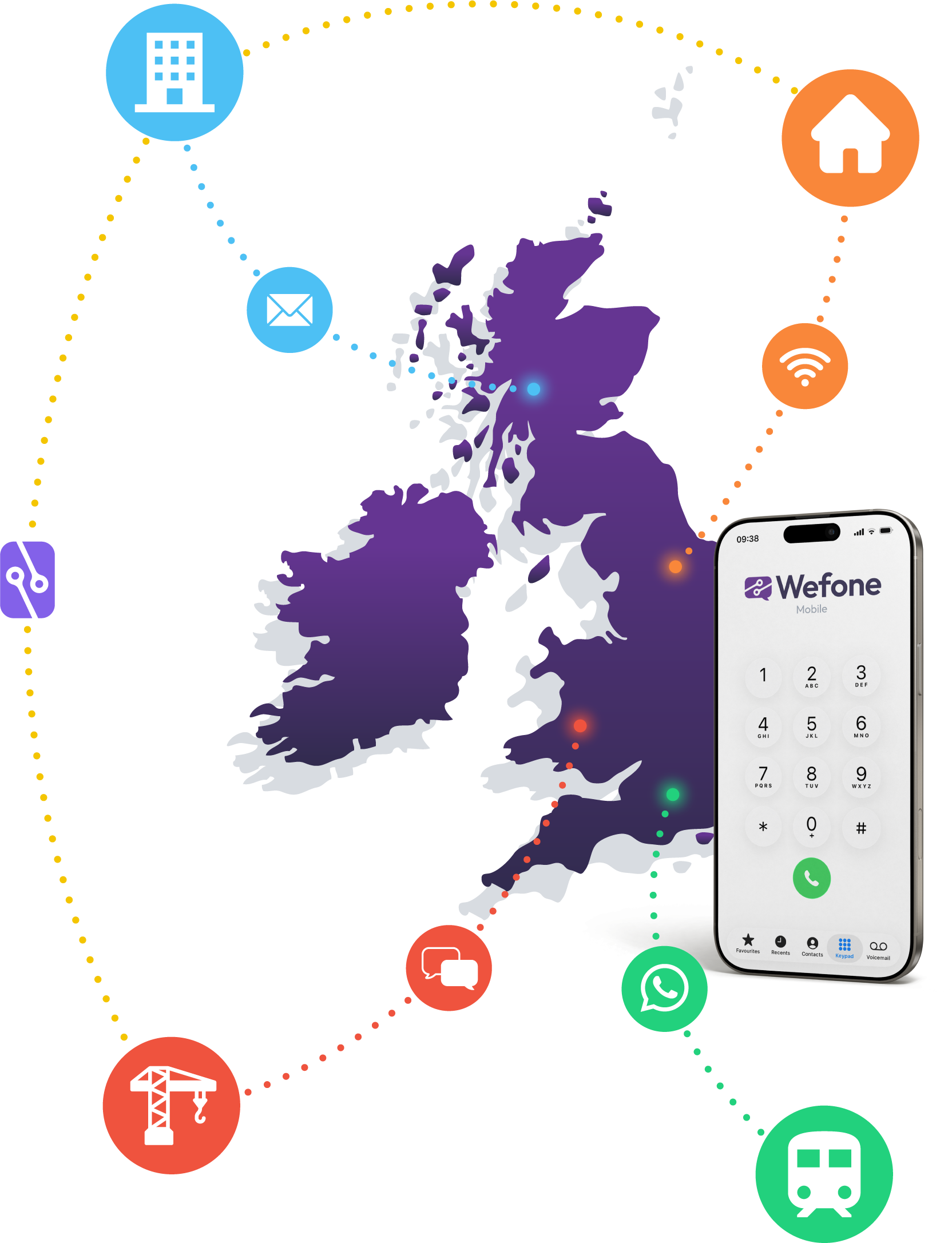 Wefone business mobile isometric illustration showing connected teams and communication