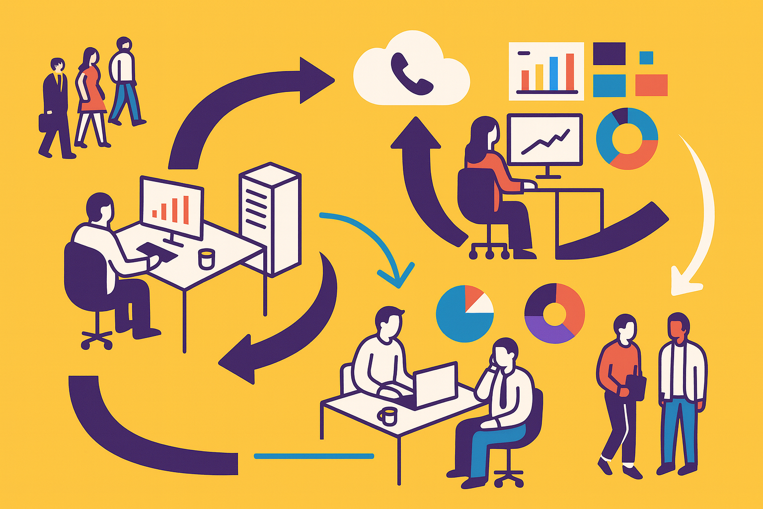 Wefone workflow isometric illustration showing business communication and collaboration