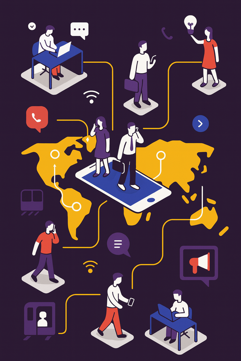 Wefone business mobile isometric illustration showing connected teams and communication
